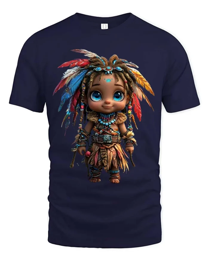 Cute Tribal Style Character Graphic Tee Fantasy Art Tshirt - navy t-shirt on white background