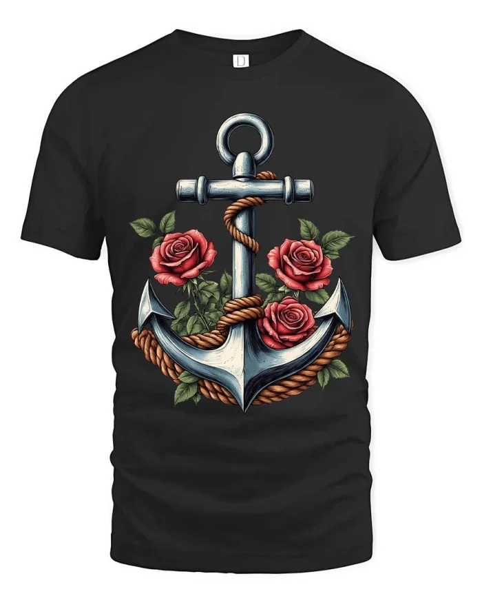 Vintage Anchor Rose Nautical Art Graphic Tshirt Style - black t-shirt on white background