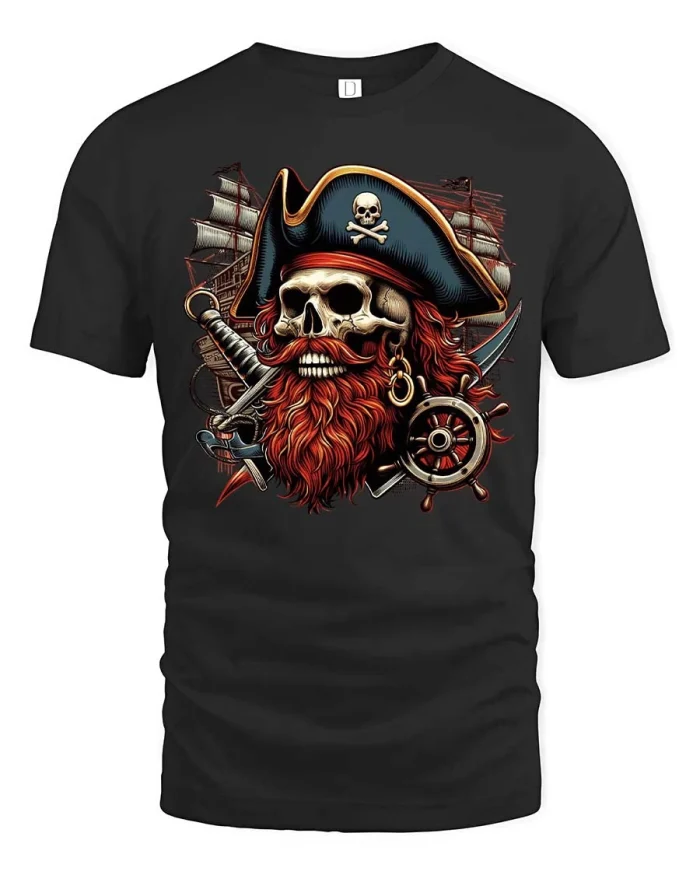 Pirate Skull Captain Vintage Nautical Graphic Tshirt Style - black t-shirt on white background