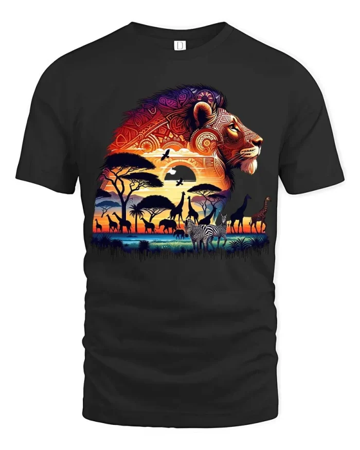 African Sunset Lion Wildlife Artistic Graphic Tshirt Style - black t-shirt on white background