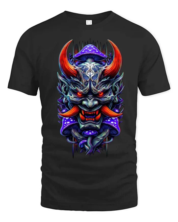 Psychedelic Demon Mask Neon Fantasy Artistic Graphic Tshirt - black t-shirt on white background