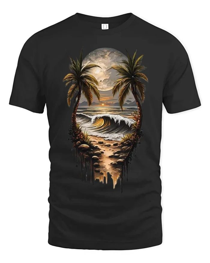 Tropical Moonlit Ocean Wave Palm Tree Scenic Graphic Tshirt - black t-shirt on white background