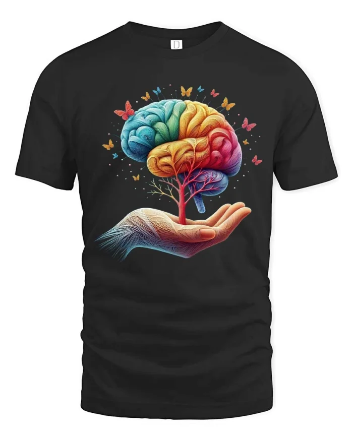 Creative Mind Brain Tree Colorful Artistic Graphic Tshirt - black t-shirt on white background