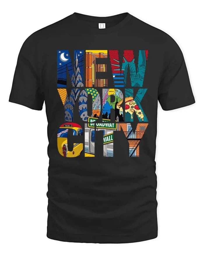 New York City Pop Art Skyline Travel Graphic Tshirt - black t-shirt on white background