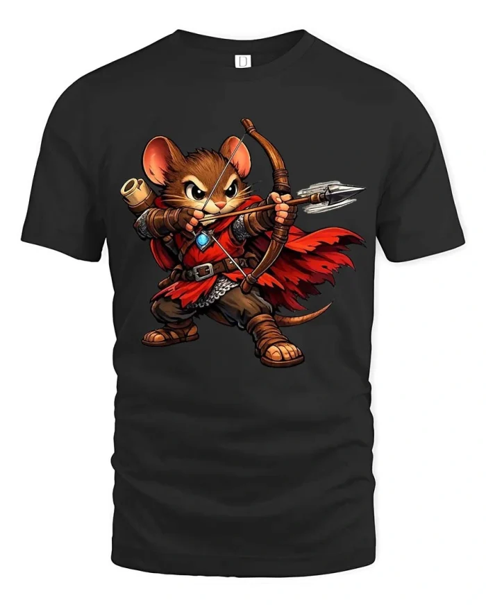 Cute Warrior Mouse Archer Fantasy Adventure Graphic Tshirt - black t-shirt on white background