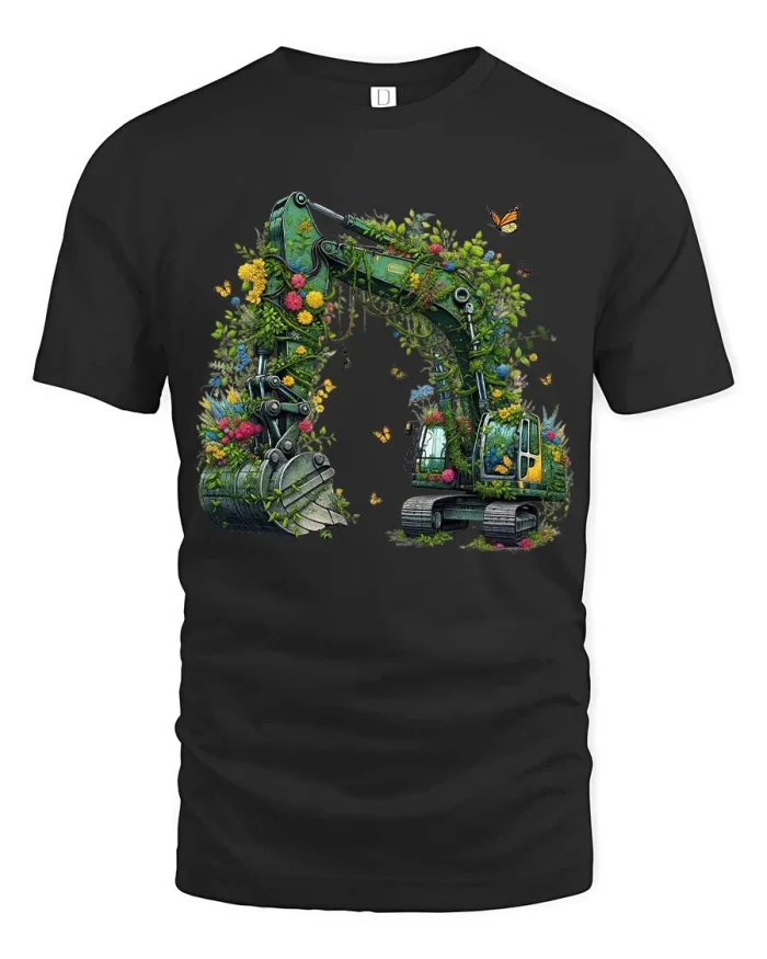 Nature Reclaimed Excavator Floral Artistic Graphic Tshirt - black t-shirt on white background