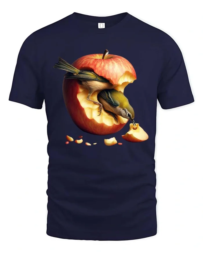 Surreal Bird Inside Apple Artistic Nature Graphic Tshirt - navy t-shirt on white background