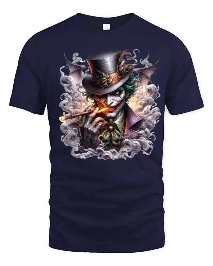 Dark Clown Villain Smoking Cigar Artistic Graphic Tshirt - navy t-shirt on white background