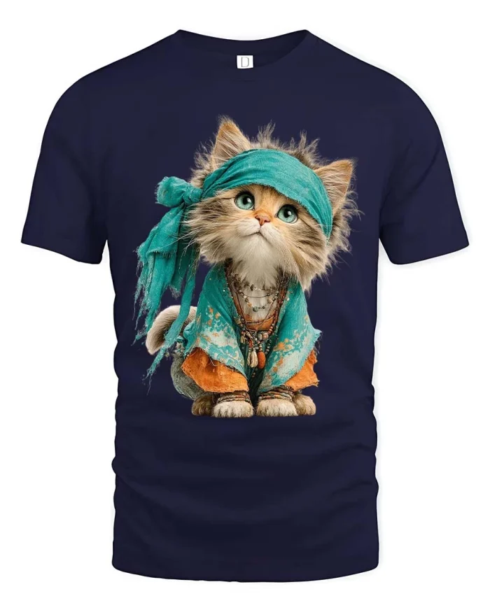 Cute Boho Kitten Artistic Bohemian Style Graphic Tshirt - navy t-shirt on white background