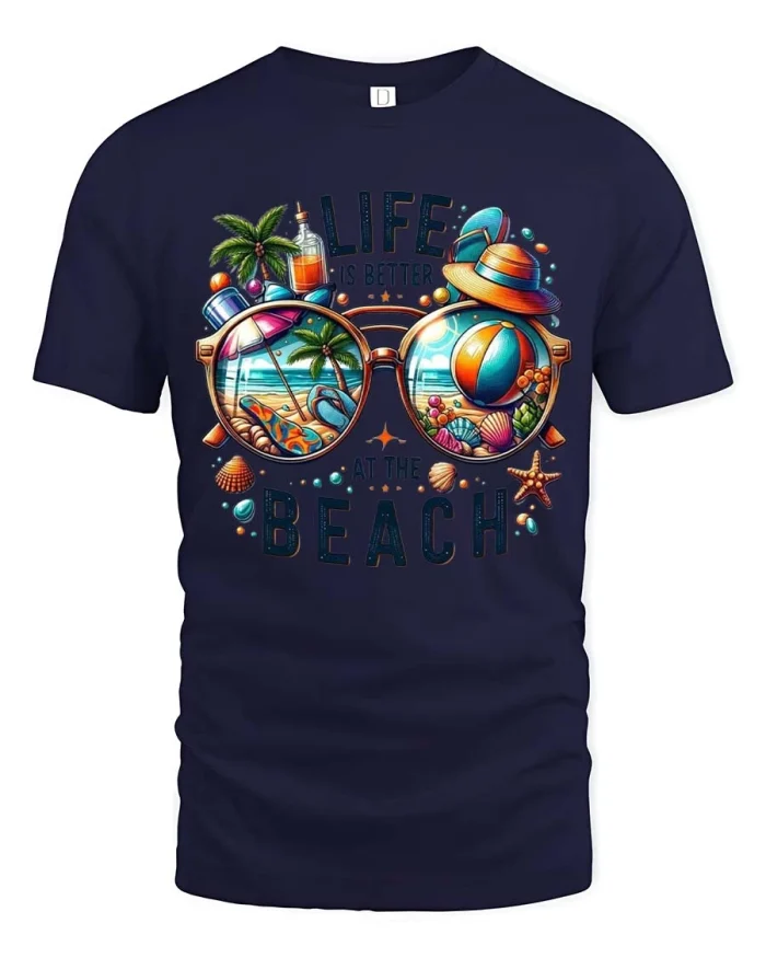 Life Is Better At The Beach Summer Vacation Graphic Tshirt - navy t-shirt on white background