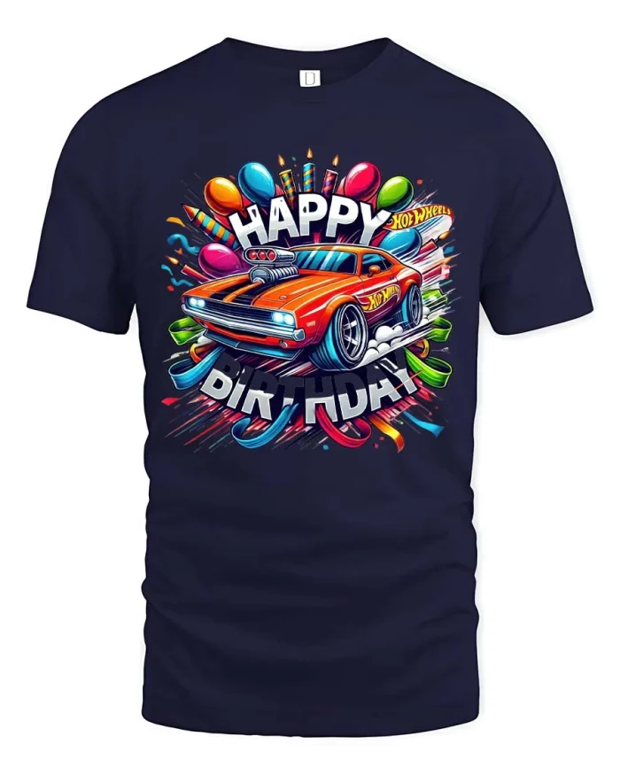 Happy Birthday Muscle Car Party Celebration Graphic Tshirt - navy t-shirt on white background