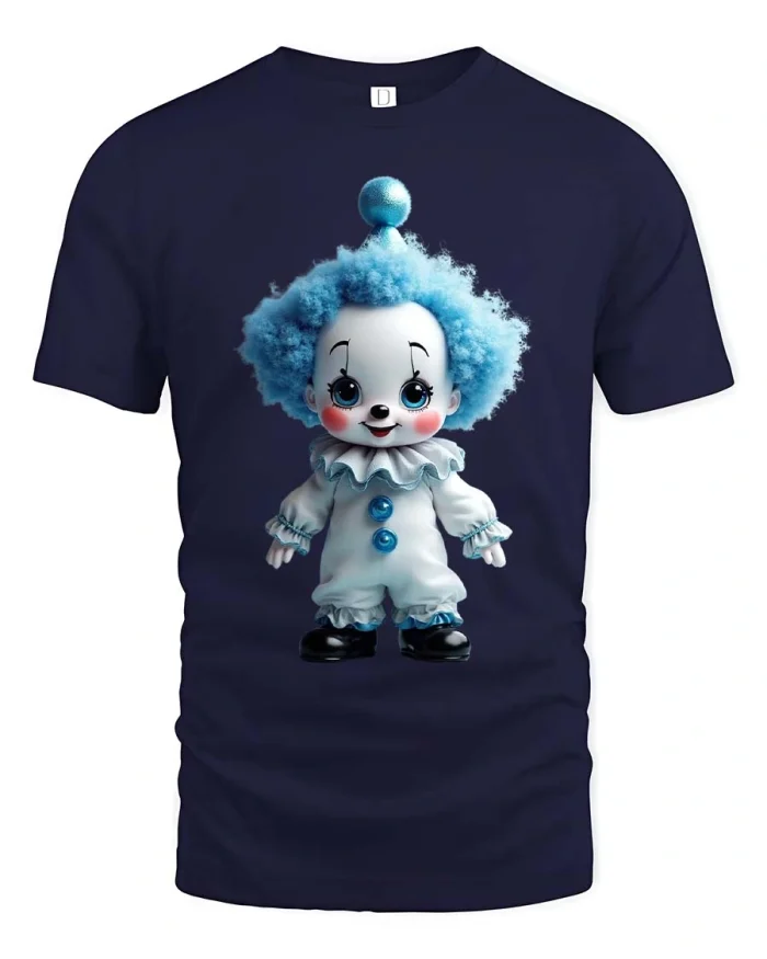 Cute Blue Clown Doll Adorable Cartoon Style Graphic Tshirt - navy t-shirt on white background
