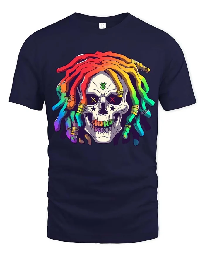 Colorful Dreadlock Skull Urban Artistic Graphic Tshirt - navy t-shirt on white background