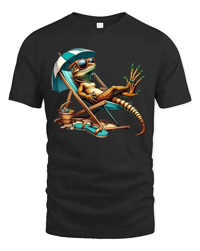 Relaxing Iguana Beach Vibes Funny Summer Graphic Tee - black t-shirt on white background