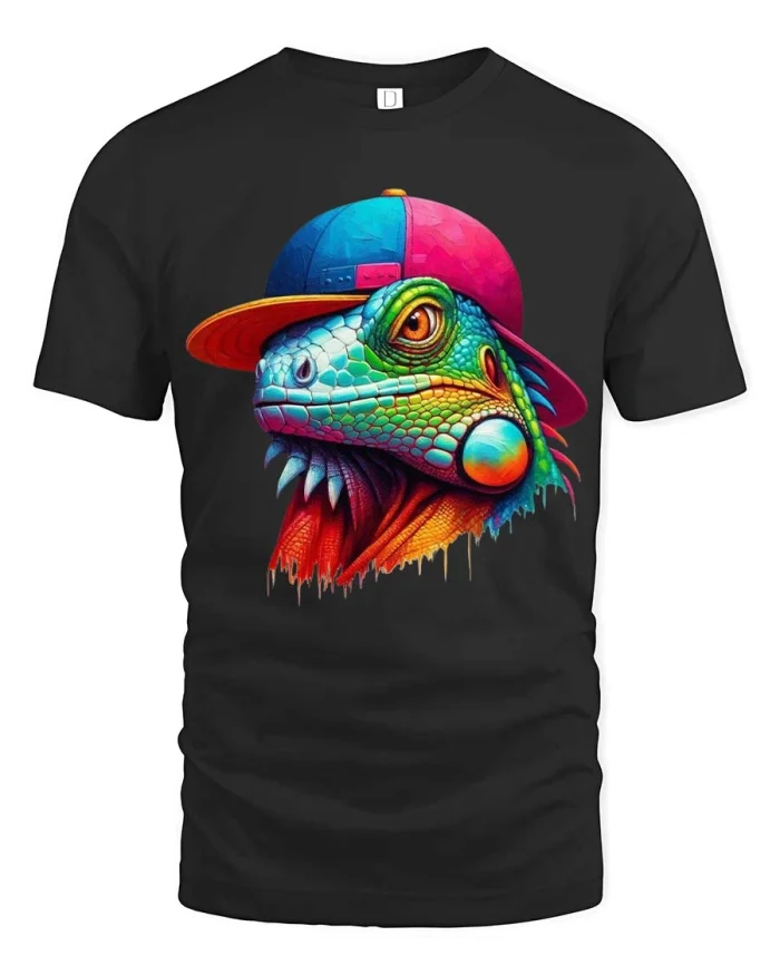 Colorful Iguana Street Style Urban Art Graphic Tee - black t-shirt on white background