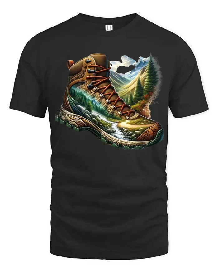 Mountain Hiking Boot Nature Adventure Graphic Tee - black t-shirt on white background