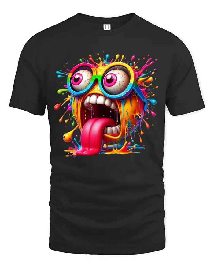 Crazy Color Splash Funny Monster Face Graphic Tee - black t-shirt on white background