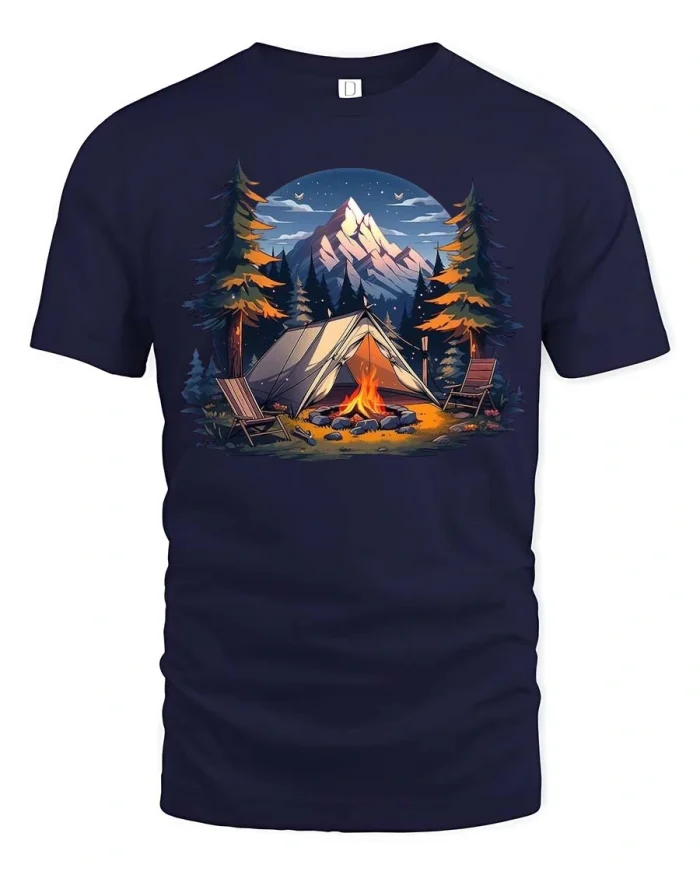 Mountain Camping Night Campfire Adventure Graphic Tee - navy t-shirt on white background