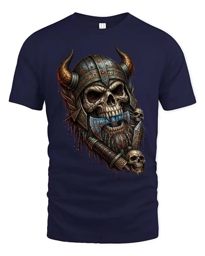 Viking Skull Warrior Helmet Norse Graphic Tee - navy t-shirt on white background