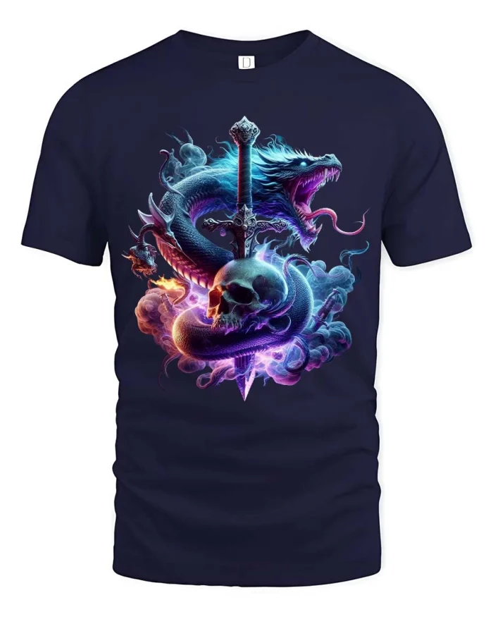 Mystic Dragon Sword Skull Dark Fantasy Graphic Tee - navy t-shirt on white background
