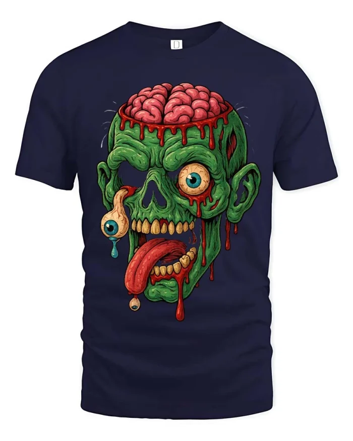 Creepy Zombie Brain Horror Monster Graphic Tee - navy t-shirt on white background
