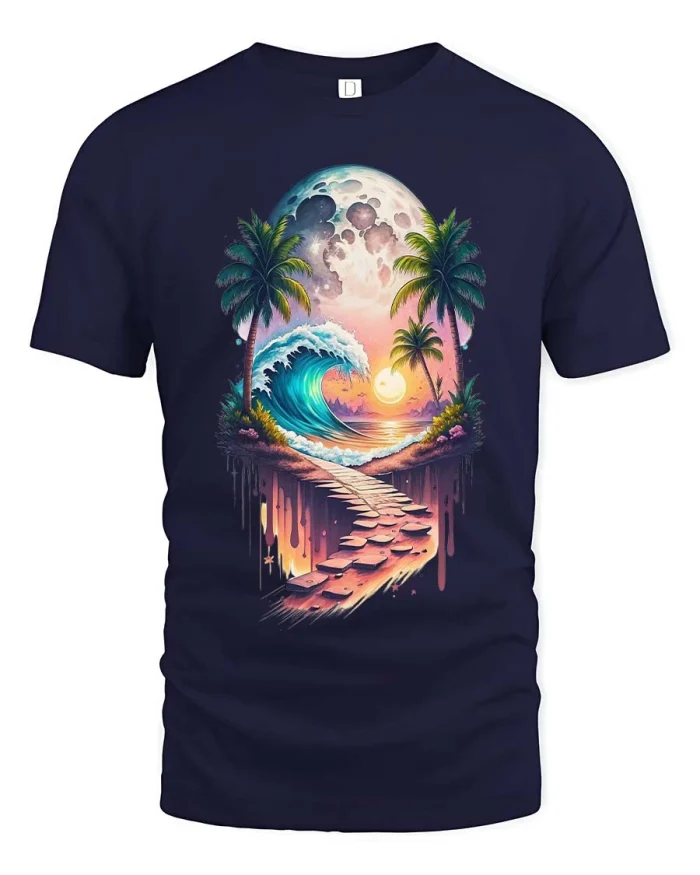 Tropical Wave Moon Dreamy Sunset Graphic Tee - navy t-shirt on white background