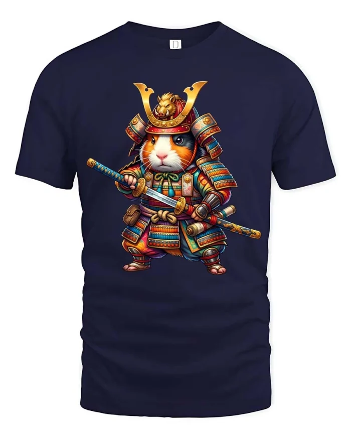 Cute Samurai Hamster Warrior Cartoon Graphic Tee - navy t-shirt on white background