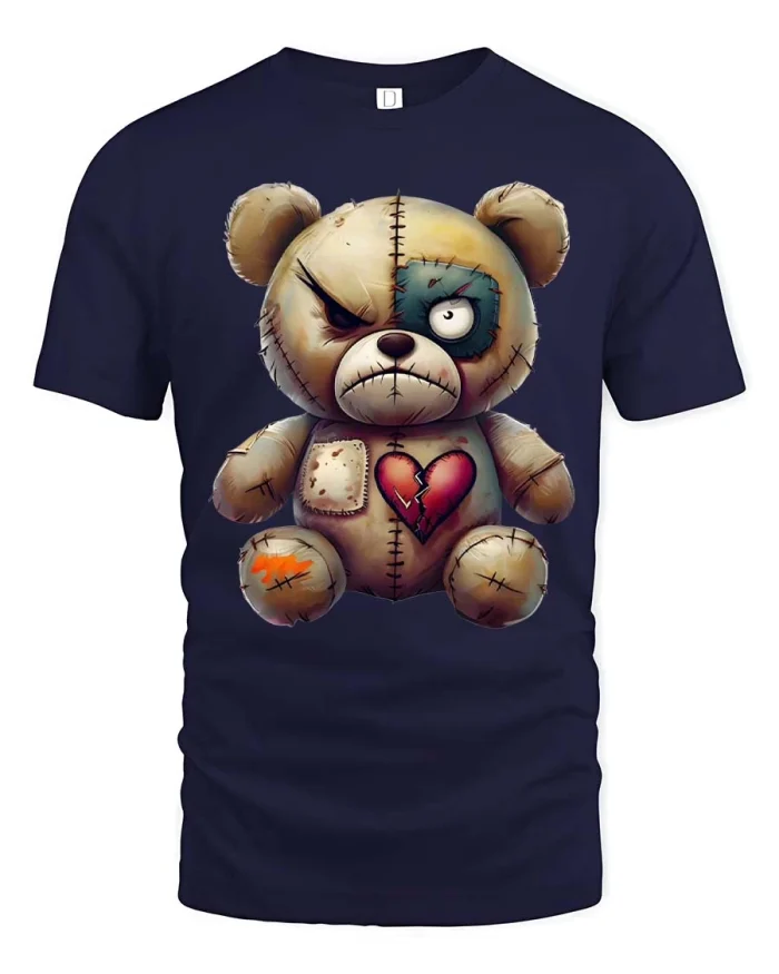 Broken Heart Teddy Bear Dark Cute Graphic Tee - navy t-shirt on white background