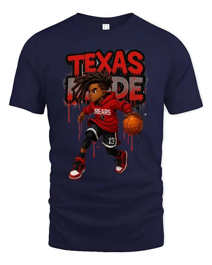 Texas Made Basketball Player Street Style Graphic Tee - navy t-shirt on white background