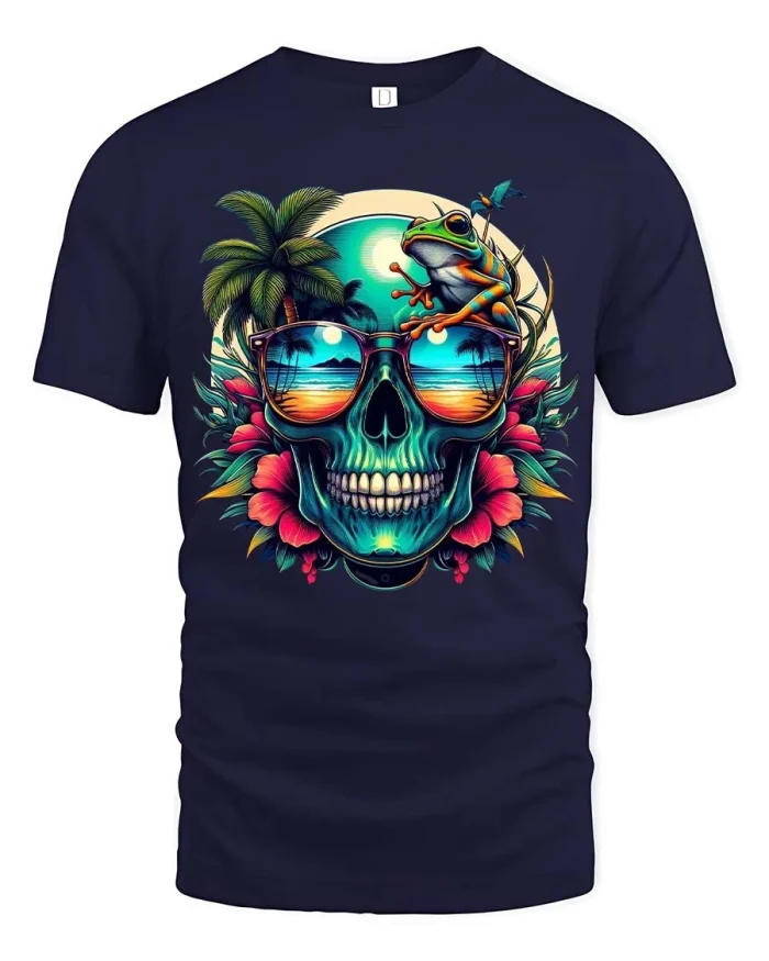 Tropical Skull Frog Sunset Beach Graphic Tee - navy t-shirt on white background