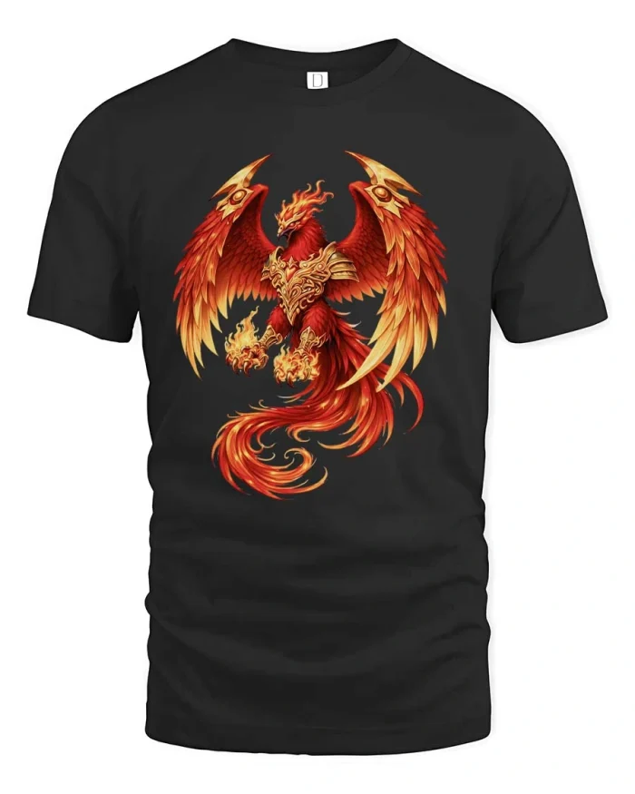 Legendary Fire Phoenix Rising Graphic Tshirt Myth Power - black t-shirt on white background