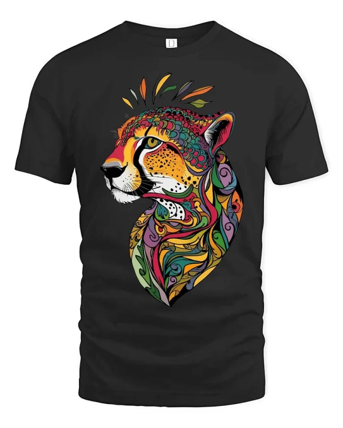 Colorful Leopard Artistic Abstract Wildlife Graphic Tshirt - black t-shirt on white background