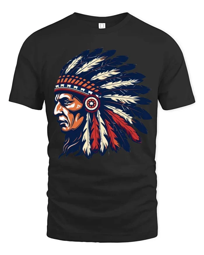 Vintage Tribal Chief Feather Headdress Graphic Tshirt Art - black t-shirt on white background