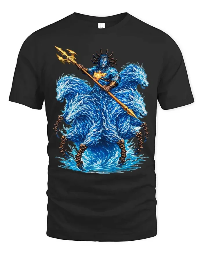 Mythic Ocean Warrior Trident Power Fantasy Art Tshirt - black t-shirt on white background