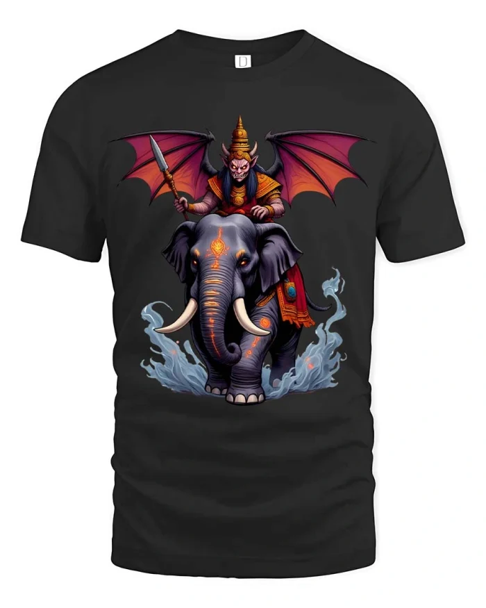 Mythic Demon Rider Elephant Fantasy Warrior Graphic Tshirt - black t-shirt on white background