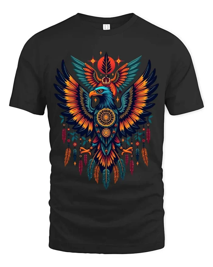 Mystic Tribal Eagle Sacred Symbol Artistic Graphic Tshirt - black t-shirt on white background