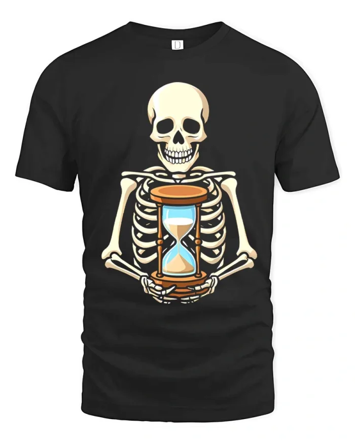 Funny Skeleton Holding Hourglass Time Symbol Graphic Tshirt - black t-shirt on white background