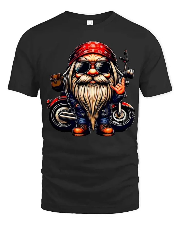 Funny Biker Gnome Rock Hand Motorcycle Graphic Tshirt - black t-shirt on white background