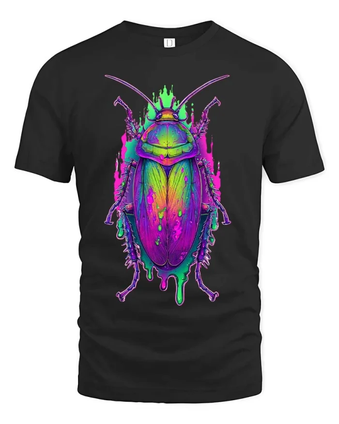 Colorful Neon Beetle Artistic Paint Splash Graphic Tshirt - black t-shirt on white background