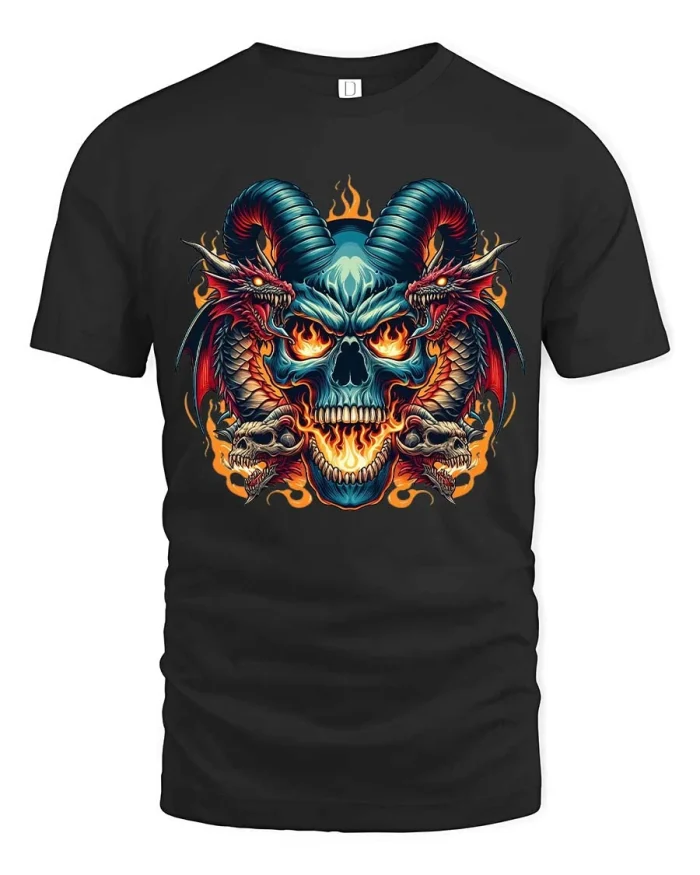 Dark Dragon Skull Fire Fantasy Gothic Graphic Tshirt - black t-shirt on white background