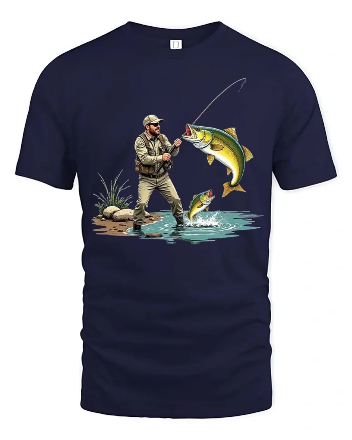 Funny Fishing Big Catch Fisherman Action Graphic Tshirt - navy t-shirt on white background