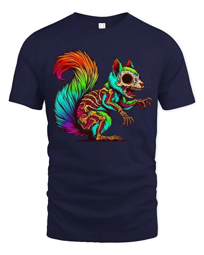 Neon Zombie Squirrel Dark Humor Colorful Graphic Tshirt - navy t-shirt on white background
