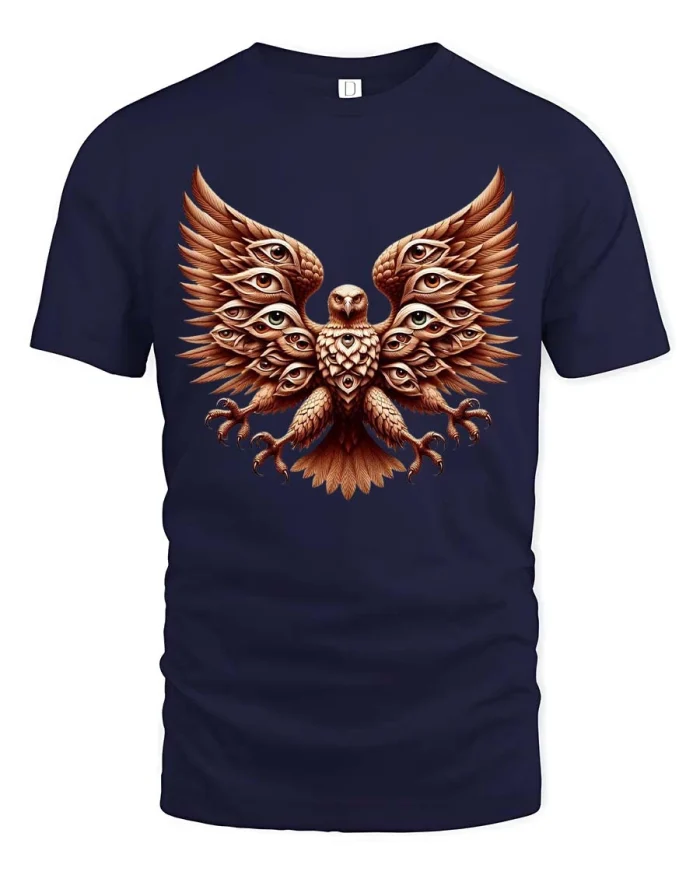Mystic Owl Many Eyes Symbol Fantasy Artistic Graphic Tshirt - navy t-shirt on white background