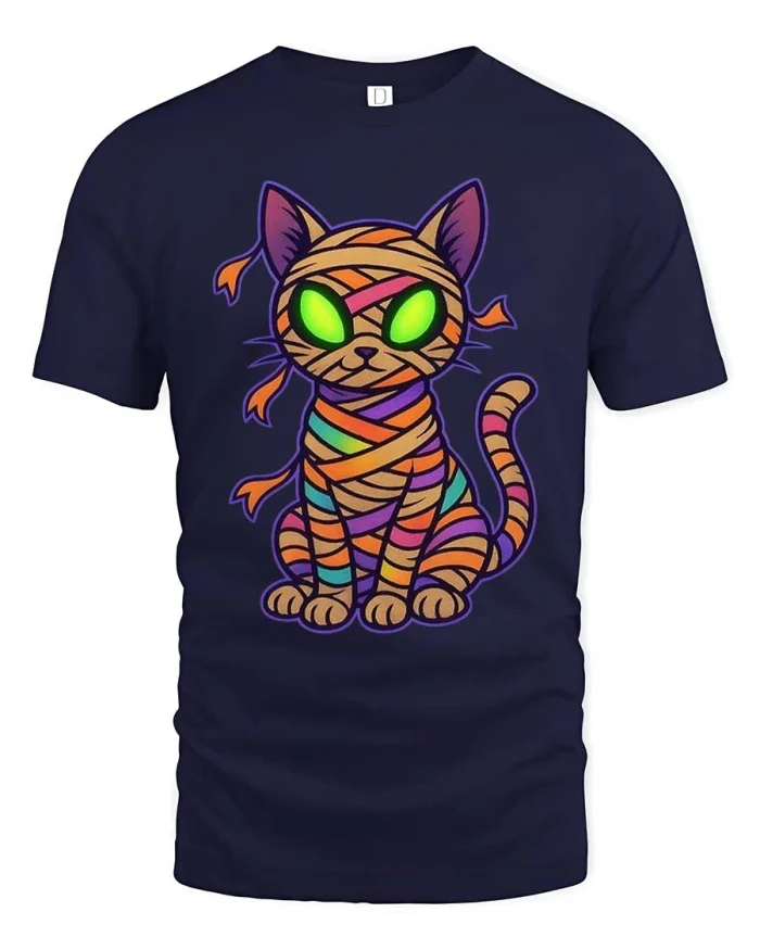 Cute Halloween Mummy Cat Glowing Eyes Cartoon Graphic Tshirt - navy t-shirt on white background