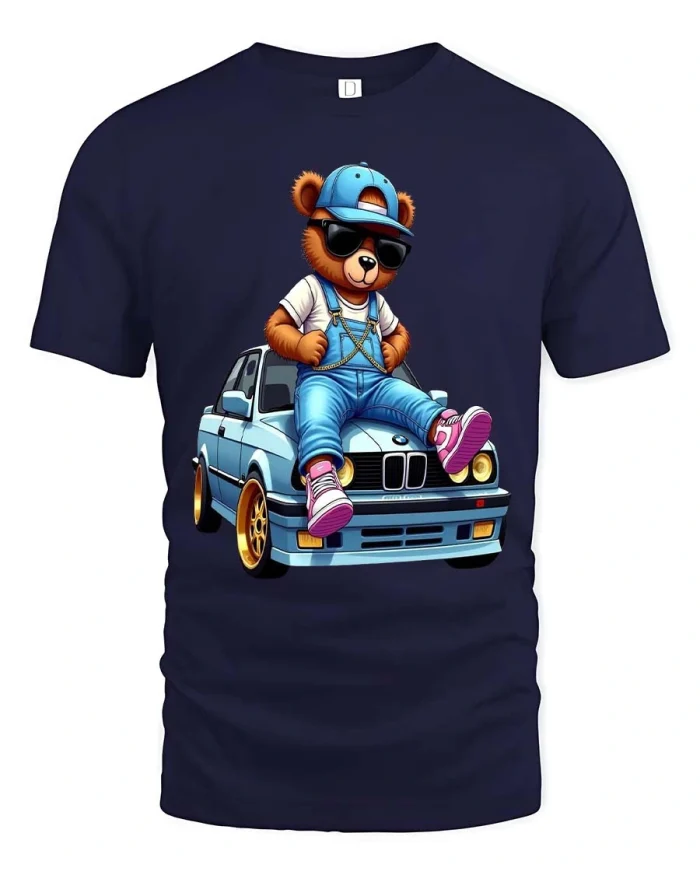 Cool Teddy Bear Street Style Car Cartoon Graphic Tshirt - navy t-shirt on white background
