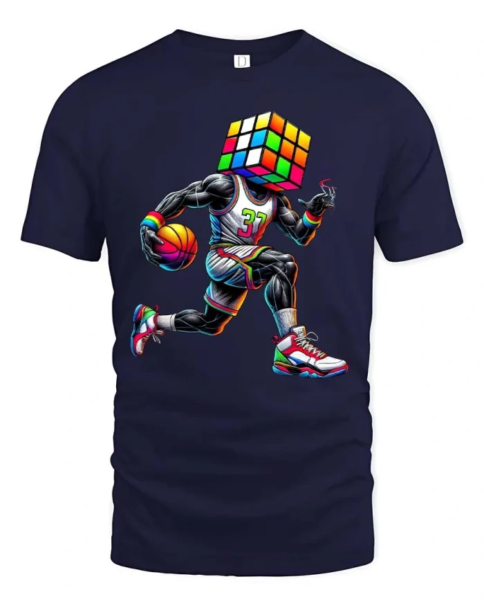 Funny Puzzle Cube Head Basketball Player Graphic Tshirt - navy t-shirt on white background