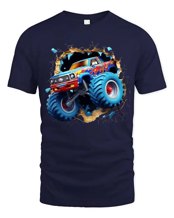 Monster Truck Breaking Wall Offroad Action Graphic Tshirt - navy t-shirt on white background