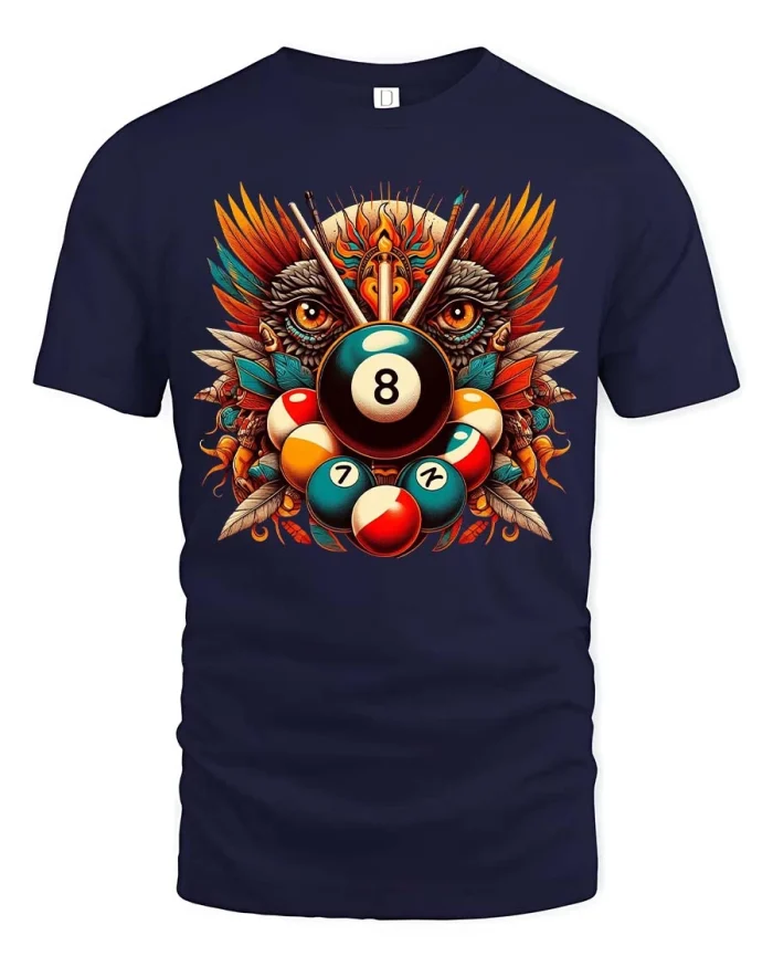 Artistic Billiards 8 Ball Owl Eyes Graphic Style Tshirt - navy t-shirt on white background