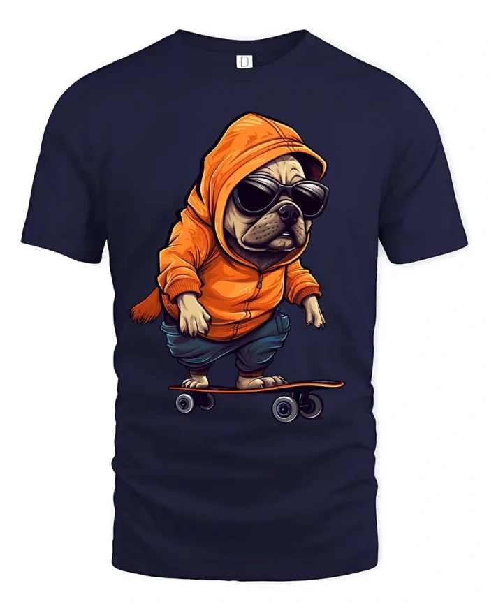 Cool Skateboarding Dog Street Style Cartoon Graphic Tshirt - navy t-shirt on white background