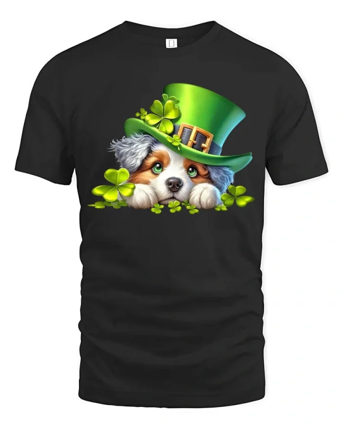 Lucky Puppy Shamrock Magic Cute Irish Style tshirt - black t-shirt on white background